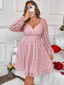 Flirla Kích thước lớn Bọc Cái cổ Tay áo lồng đèn In hoa Đầm - Hồng - Xem 3