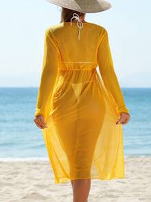 腰部抽繩及服罩衫 - 黃色 - 查看 2