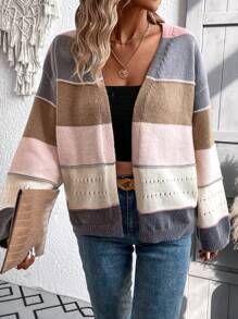 SHEIN LUNE 女款開襟拼色落肩長袖開襟衫 - 彩色 - 查看 1