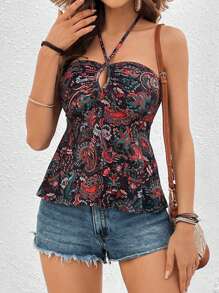 SHEIN VCAY Top de estilo vacacional con cuello halter y diseño de cruz paisley
