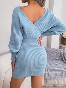 純色交叉v領蝙蝠袖毛衣連身裙 - 淺藍色 - 查看 3