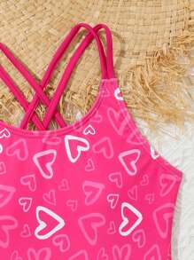 SHEIN Tween Girl One Piece Swimsuit With Heart Print - Hot Pink - View 3