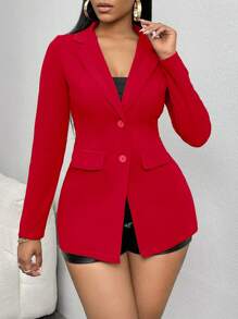 Slaydiva Solid Color Lapel Collar Blazer In Fall/Winter - Red - View 3