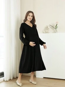 時尚v領長袖孕婦裙
