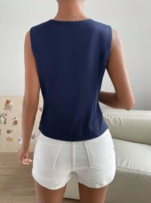 SHEIN Essnce Button Up Sleeveless Suit Jacket - Navy Blue - View 2