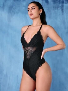SHEIN BAE Body Negro De Encaje En Contraste De Año Nuevo De Glamorous & Sexy - Negro - Ver 5