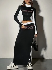 SHEIN EZwear 運動風字母拼接印花休閒裝2件套 - 黑與白 - 查看 1