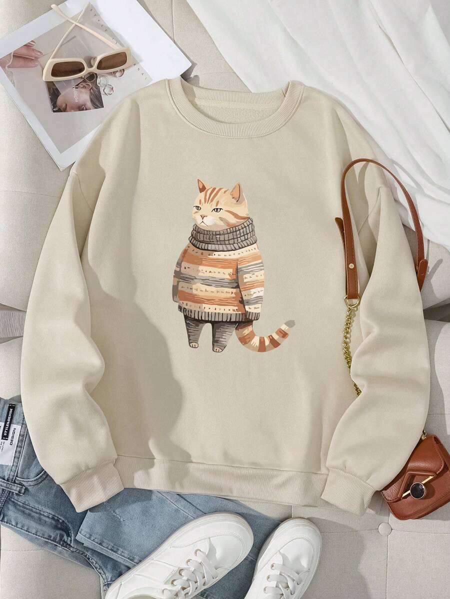 SHEIN EZwear Kích thước lớn Hoạt hình In Lông cừu Áo nỉ - Màu be - Xem 1