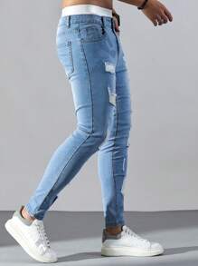 Manfinity LEGND 男式棉质破洞紧身纯色修身长款浅蓝色工装牛仔裤浅色牛仔裤，适合送给老公、男朋友的礼物 - 淺色水洗藍 - 查看 6