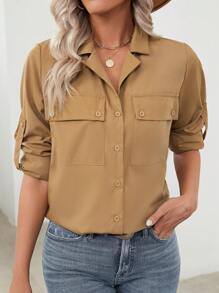 SHEIN LUNE Ladies' Solid Color Roll Up Sleeve Button Down Collar Shirt - Brown - View 5