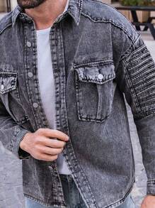 Manfinity Homme Men's Button-Front Denim Shirt With Flap Pocket And Lapel Collar - Black - View 4