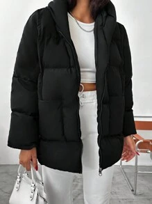 EURMUSE Solid Zip Up Hooded Puffer Coat - Black - View 5