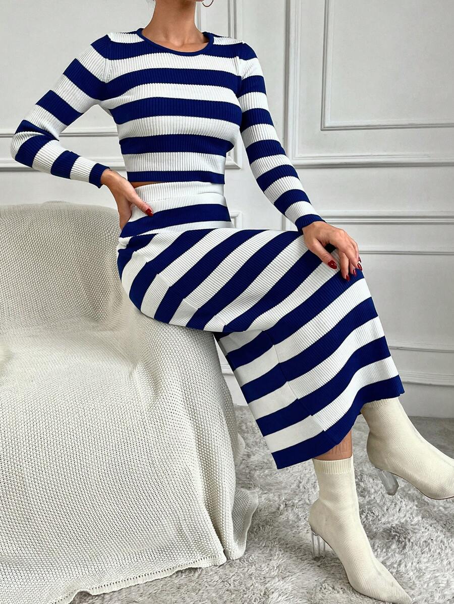 EURMUSE Women'S Striped Sweater + Skirt Two Piece Set - Multicolor - View 1