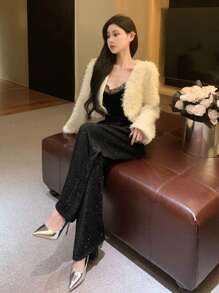 DAZY Pantalones anchos de mujer con estampado de lunares ultra largos - Negro - Ver 5