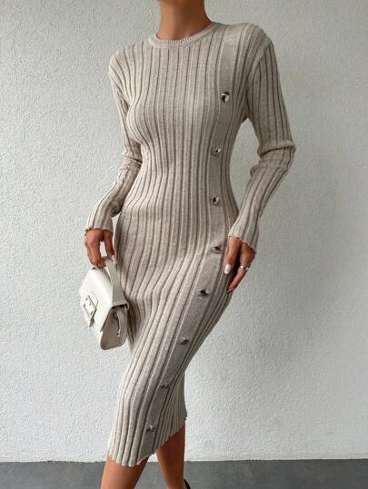 EURMUSE Button Decorated Ribbed Knit Sweater Dress