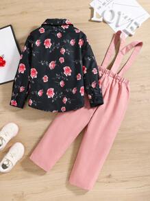 Toddler Boys' Coordinated Floral Print Shirt And Overalls Set For Casual Wear