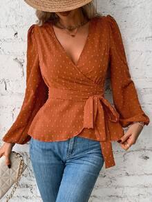 SHEIN Frenchy 女性圍繞腰部配帶襯衫 - 鏽棕色 - 查看 4