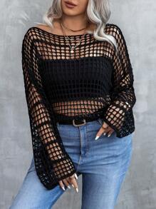 Elenzga 大码女式不对称肩部宽松休闲针织毛衣，镂空性感喇叭袖半透明黑色套头衫，适合春秋冬季穿着 - 黑色 - 查看 4