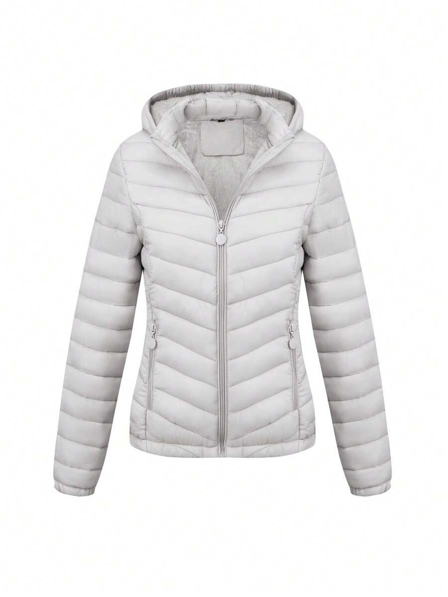 Women's Minimalist Hooded Padded Coat With Pockets, Puffer Jacket For Autumn/Winter - White - View 1