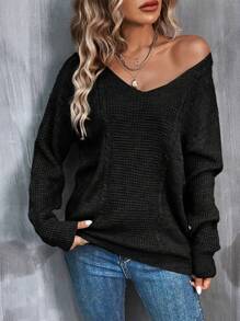 SHEIN LUNE V領下垂肩袖毛衣 - 黑色 - 查看 1