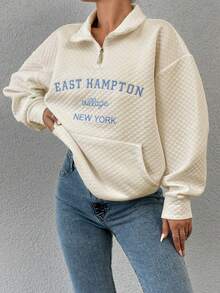 EURMUSE Letter Embroidery Half Zip Drop Shoulder Sweatshirt - White - View 5
