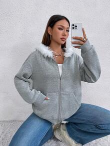 SHEIN Unity 毛領連帽衛衣 - 灰色 - 查看 7