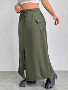 SHEIN EZwear Plus Size Utility Split Skirt - Army Green - View 3