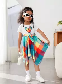 SHEIN 小女孩心形配腰帶不對稱下擺格子連身裙 - 彩色 - 查看 5