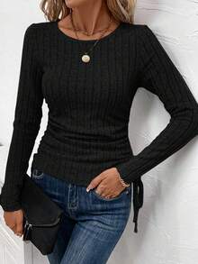 SHEIN LUNE 純色褶皺立領長袖t恤 - 黑色 - 查看 2