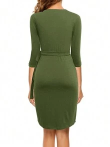 Vestido elegante de mujer de unicolor con lazo en la cintura y manga corta - Verde militar - Ver 2
