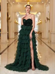 Faeriesty Gorgeous Sequin-Covered Gown With Layered Tulle Skirt & High-Slit Hem | Luxury Evening Dress For Black Tie Galas, Weddings, And Cannes Parties - Dark Green - View 2