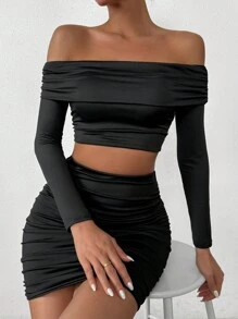 Allurite Conjunto De Dos Piezas De Falda Y Top Corto Con Hombros Descubiertos
