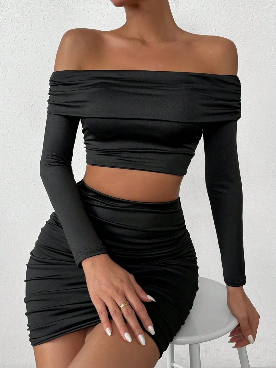 SHEIN Unity Two Piece Set Of Off Shoulder Cropped Top And Skirt - Black - View 1