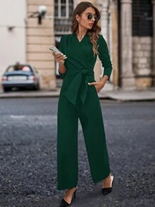 SHEIN Clasi Bọc Đường viền cổ áo Áo liền quần Với Nghiêng Túi Và Eo Thắt lưng - Màu xanh lá cây đậm - Xem 5