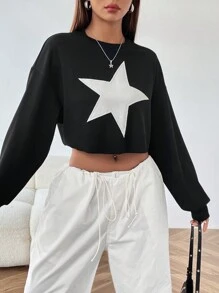 SHEIN EZwear 星星圖案短版休閒針織衫 - 黑與白 - 查看 5
