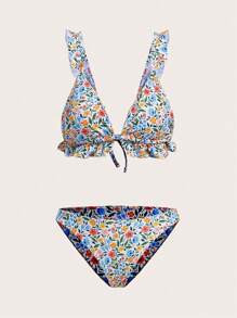 Swim Mod Ditsy Floral Print Ruffle Trim Summer Beach Bikini Set - Multicolor - View 2