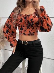 SHEIN Clasi 花卉印花短上衣,配有飄逸袖子 - 棕色 - 查看 6