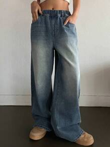 DAZY 松紧腰阔腿牛仔裤，宽松牛仔裤