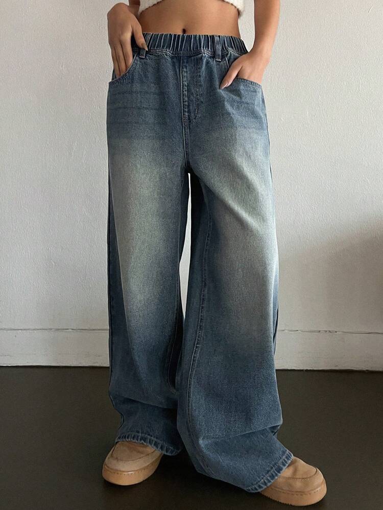 Elastic Waist Wide Leg Jeans,Baggy Jeans