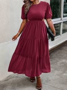 Robe Évidée À Manches Bouffantes De Grande Taille - Rouge foncé - Voir 1