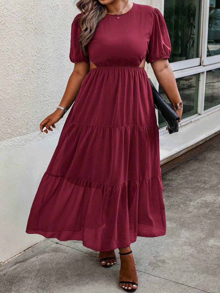 Robe Évidée À Manches Bouffantes De Grande Taille - Rouge foncé - Voir 1