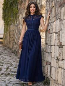 MIUSOL Robe de soirée en mousseline de soie avec corsage en dentelle contrastée et détail ruban - Bleu marine - Voir 6