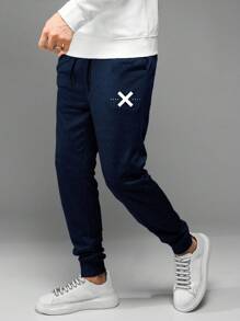SHEIN Cottnline Men's Drawstring Jogger Pants With Text Print - Navy Blue - View 5