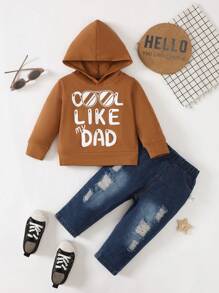 嬰兒男童字母印花連帽衛衣和破洞牛仔褲套裝 - 彩色 - 查看 3