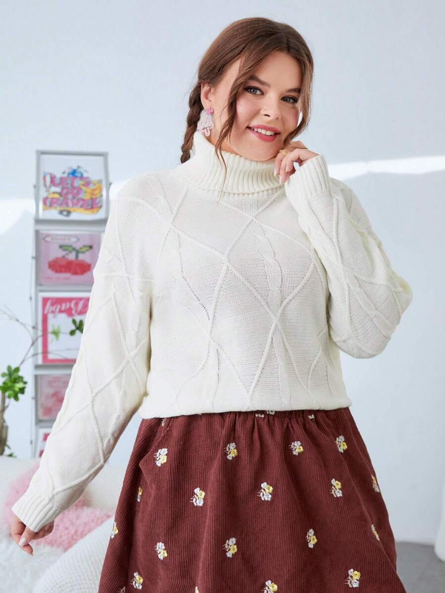 SHEIN EZwear Plus Size High Neck Long Sleeve Sweater Pullover - Beige - View 1
