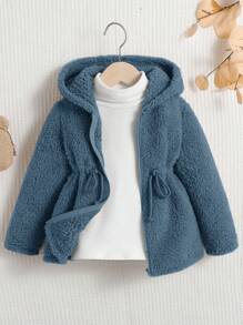 SHEIN 幼兒女童鬆身 Masson 色毛絨連帽外套,帶束腰繩,適用於秋/冬季 - 藍色 - 查看 8