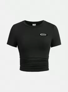 SHEIN Ensemble De T-shirt Deux Pièces Tricoté De Couleur Unie Pour Adolescentes, Avec Patch Lettre Et Motif Froncé