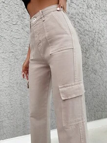 RueChic Flap Pocket Side Cargo Jeans - Beige - View 5