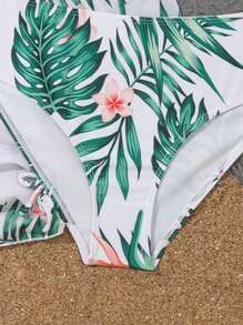 Tween Girl Bikini Set With Leaf Print Summer Beach - Green - View 3