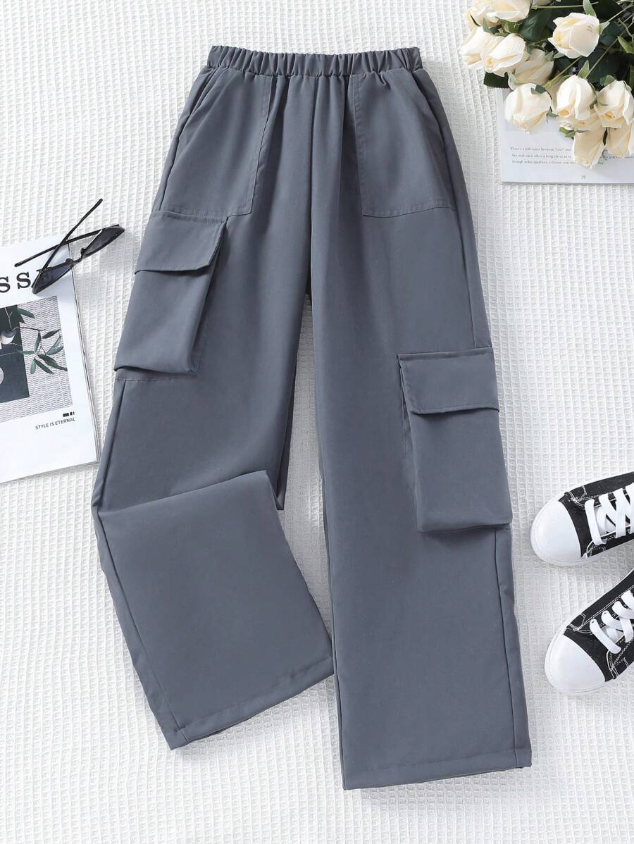 SHEIN Tween Girls' Multifunctional Pocket Decor Cargo Pants - Grey - View 1